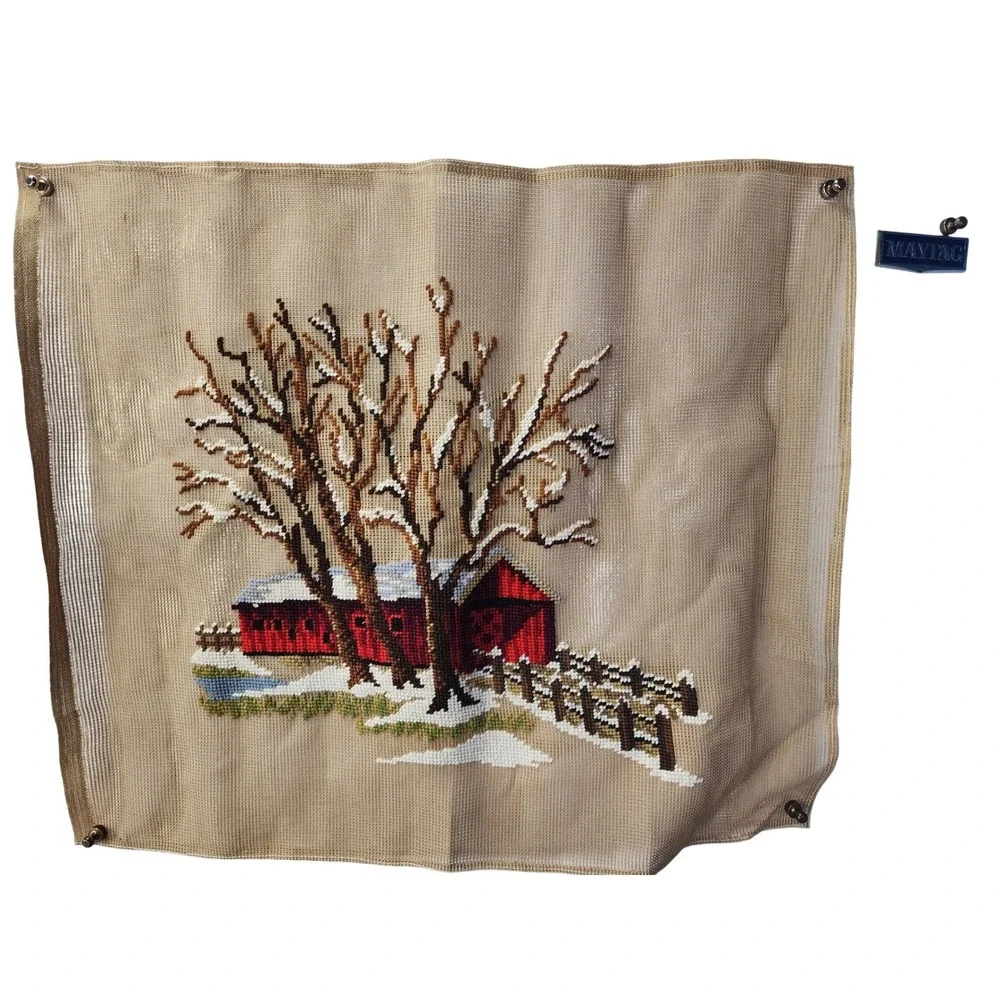 Vintage Needlepoint Wall Hanging Winter‎ Red Barn Covered Bridge Snow Scene Tan